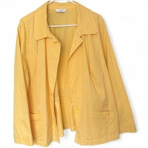 CJ Banks Butter Yellow Cotton button up lightweight jacket with pockets ruching